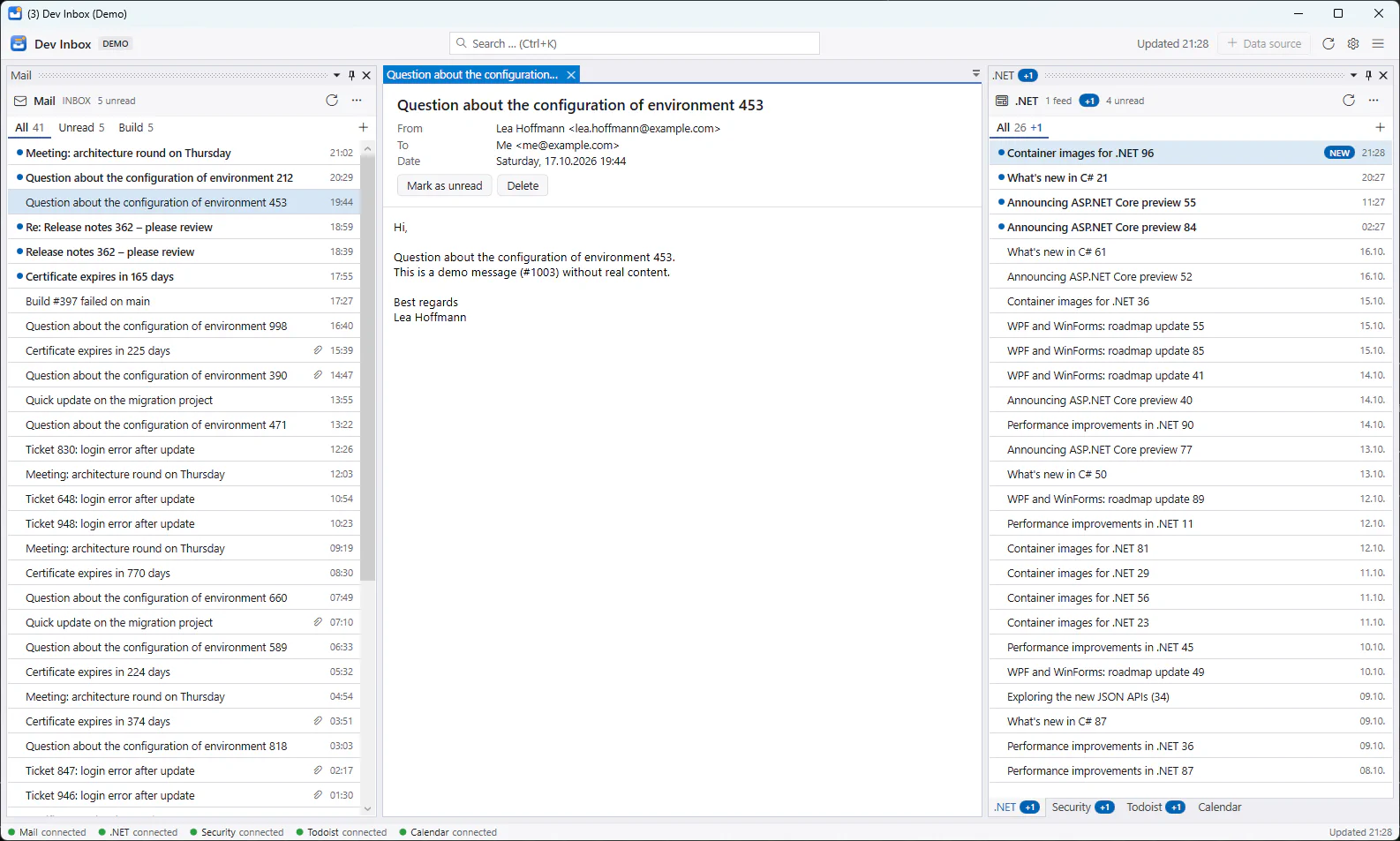 Dev Inbox with a mail panel on the left, an open message in the middle and a .NET feed panel on the right. The newest feed row is highlighted with a NEW pill; the .NET, Security and Todoist tabs each show +1.