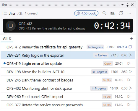 Jira panel in Dev Inbox. A dark timer box shows OPS-412 running at 0:42:34; the header button reads 4:55 book; each ticket row shows its unbooked time and a play button.